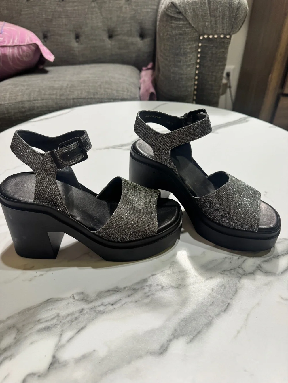 Robert Clergerie Silver Glitter Platform Sandals with Black Chunky Heel